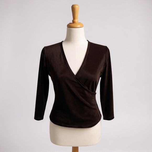 VTG Y2K Soft Surroundings Velvet Top Sz L Brown Deep V Faux Wrap 3/4 Sleeve - Picture 1 of 7
